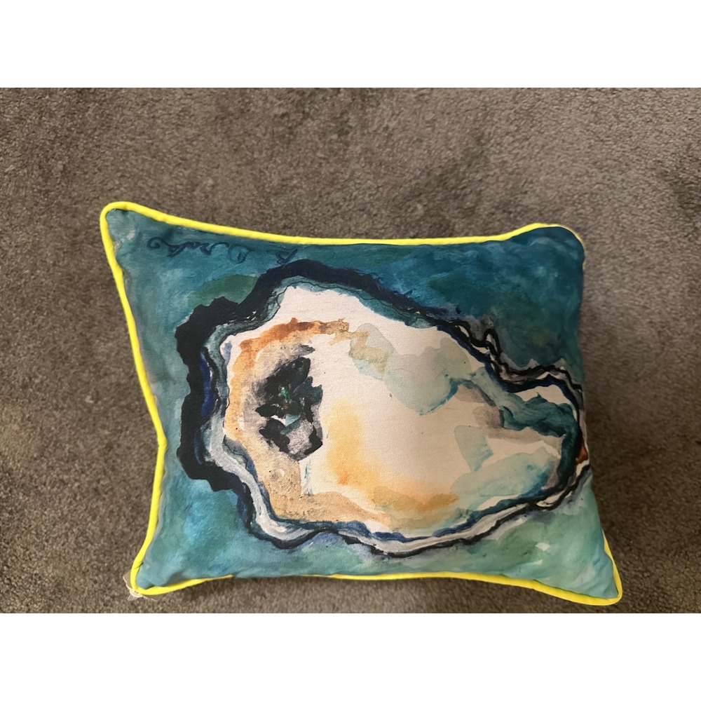 Betsy Drake Interiors Oyster Shell Outdoor Pillow Watercolor Coastal Yellow Blue